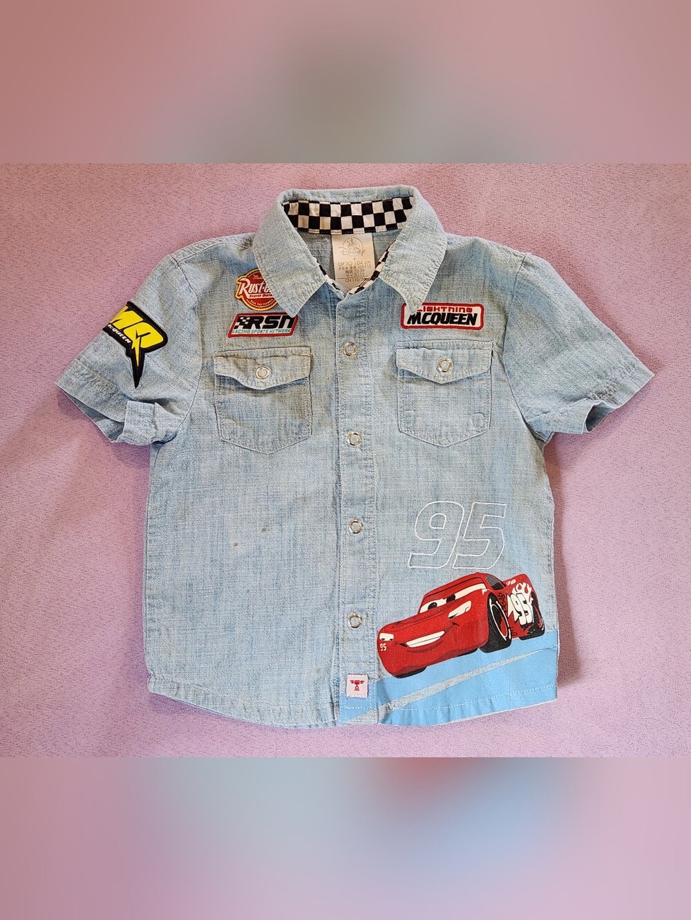 Disney Pixar Cars Lightening McQueen Embroidered Patch Mechanic Button Down 4YR